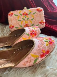 Peach Floral Jutti and Clutch Set