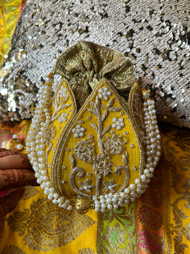 Yellow Hand Embroidered Potli