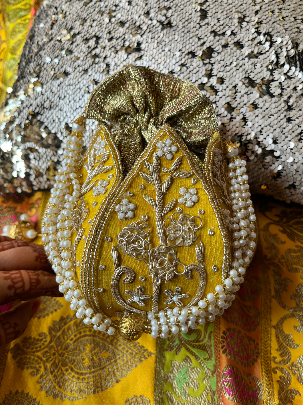 Yellow Hand Embroidered Potli