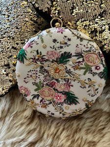 White Floral Round Clutch