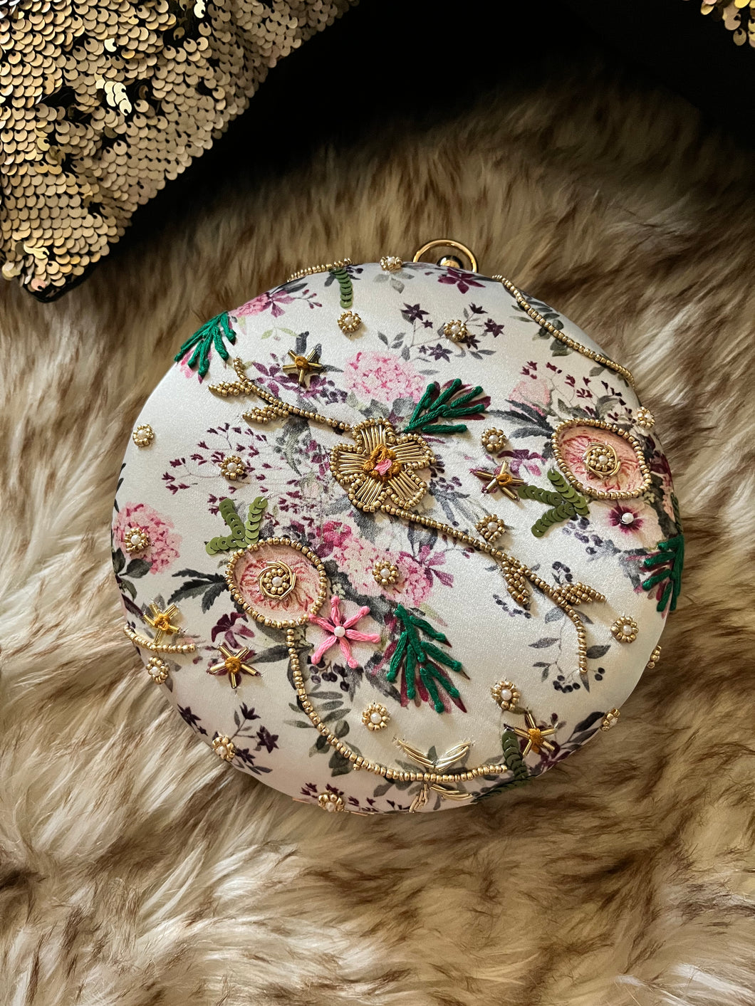 White Floral Round Clutch