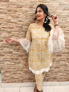 Hand Block Mustard Tulle Suit Set