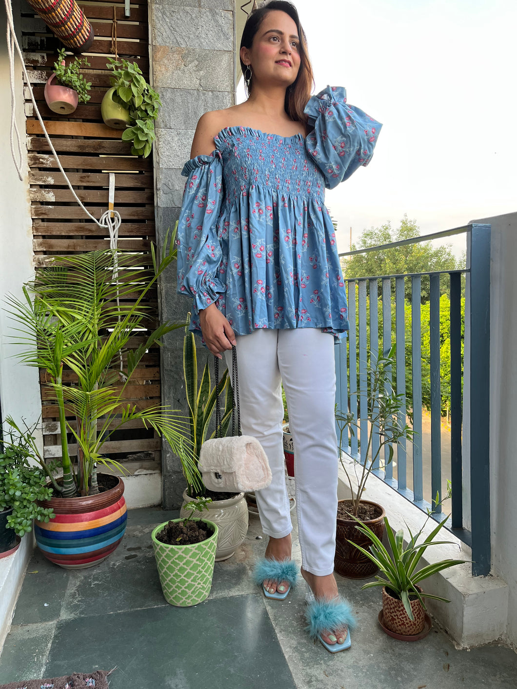 Blue Off Shoulder Shirred Top