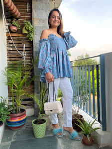 Blue Off Shoulder Shirred Top