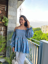 Load image into Gallery viewer, Blue Off Shoulder Shirred Top