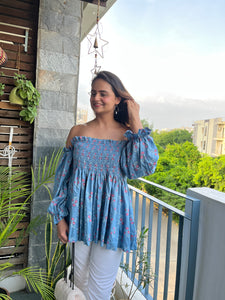 Blue Off Shoulder Shirred Top