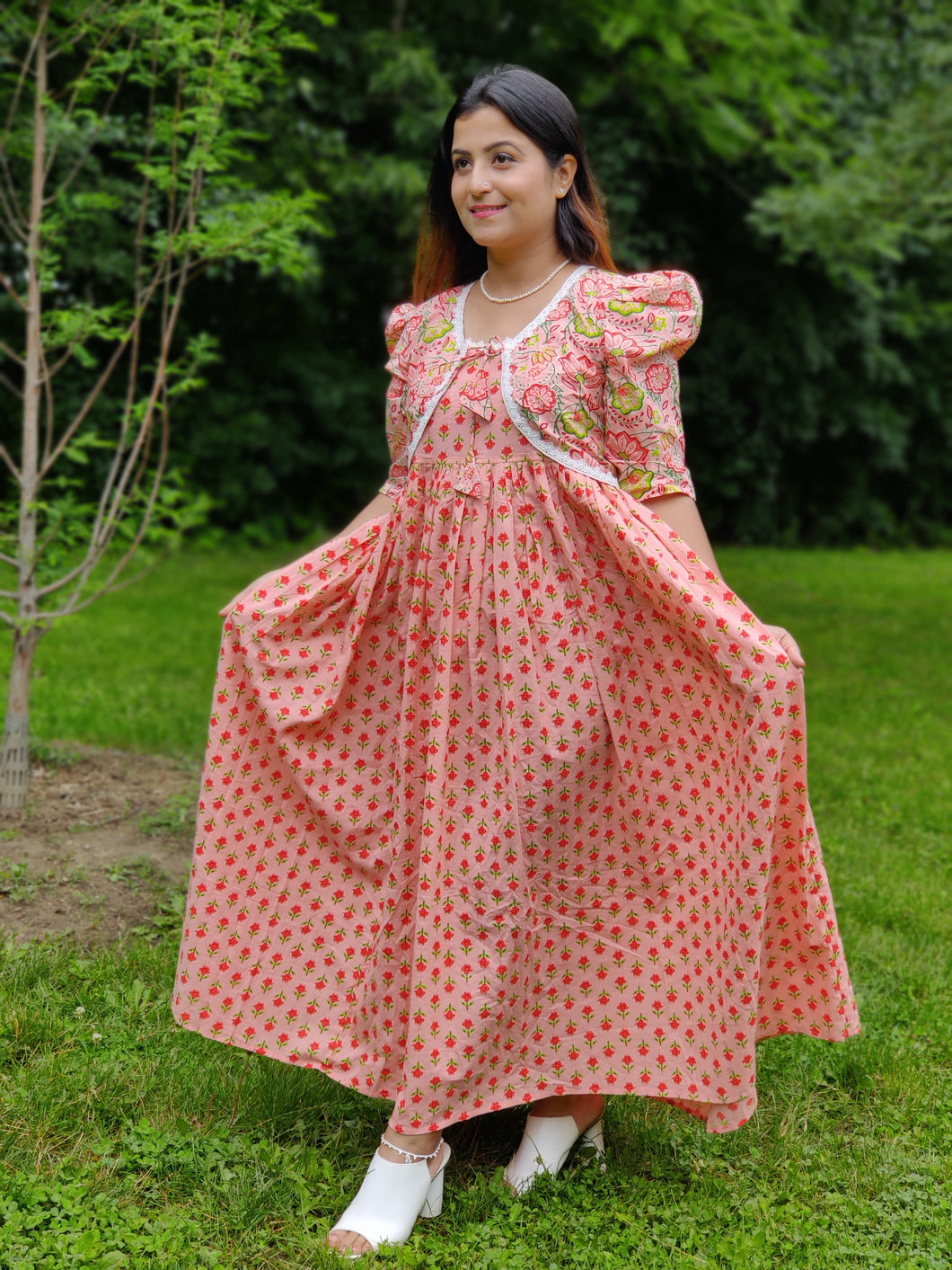 Pink Floral Long Dress with Shrug