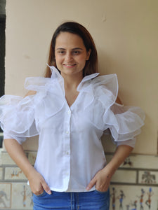 Organza Ruffle Cold Shoulder Shirt