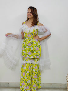 Yellow Floral Frill Garara Set