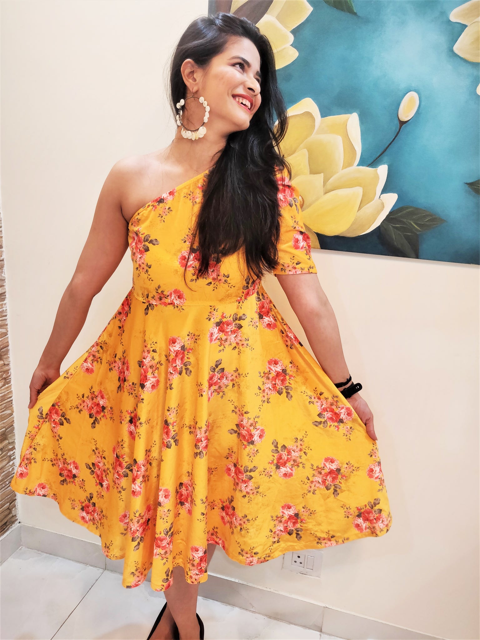 Ladies Yellow Printed One Piece Dress Manufacturer Supplier from Surat India
